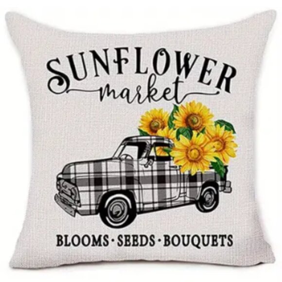 NEW FARMHOUSE SUNFLOWER FLORAL DECOR "SUNFLOWER MARKET" LINEN PILLOW COVER 17.7" - Picture 1 of 3